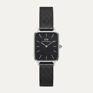 Silver Rectangular Black Dial Black Mesh Strap Watch