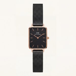 Rose Gold Rectangular Black Dial Black Mesh Strap Watch