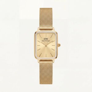 Gold Rectangular Champagne Sunray Dial Mesh Strap Watch