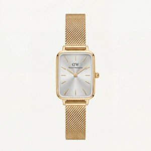 Gold Rectangular Silver Sunray Dial Mesh Strap Watch
