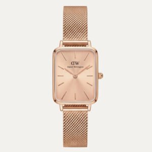 Rose Gold Rectangular Champagne Sunray Dial Mesh Strap Watch