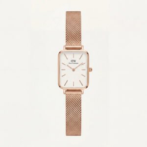 Rose Gold Rectangular White Dial Mesh Strap Minimal Watch