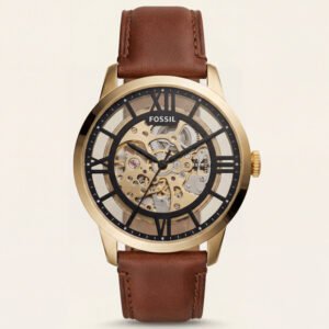 Gold Skeleton Automatic Men's Watch with Brown Leather Strap
