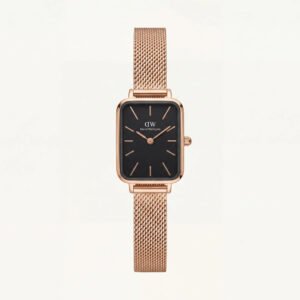 Rose Gold Rectangular Black Dial Mesh Strap Minimal Watch