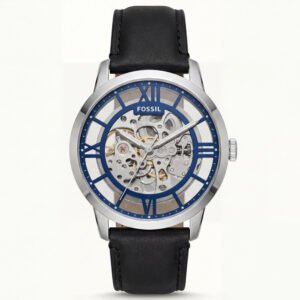 Silver Blue Skeleton Automatic Men's Watch with Black Leather Strap