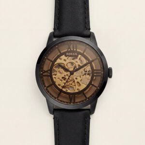 Black Skeleton Automatic Men's Watch with Black Leather Strap