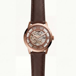 Rose Gold Skeleton Automatic Men's Watch with Brown Leather Strap