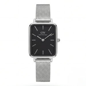Midnight Black Rectangular Dial Silver Mesh Minimal Watch