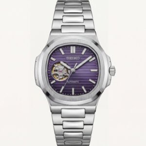 Silver Purple Dial Open-Heart Automatic Steel Watch