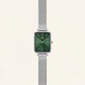 Emerald Green Rectangular Dial Silver Mesh Strap Minimal Watch