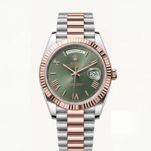 Olive Green Fluted Bezel Day-Date Automatic Steel Watch